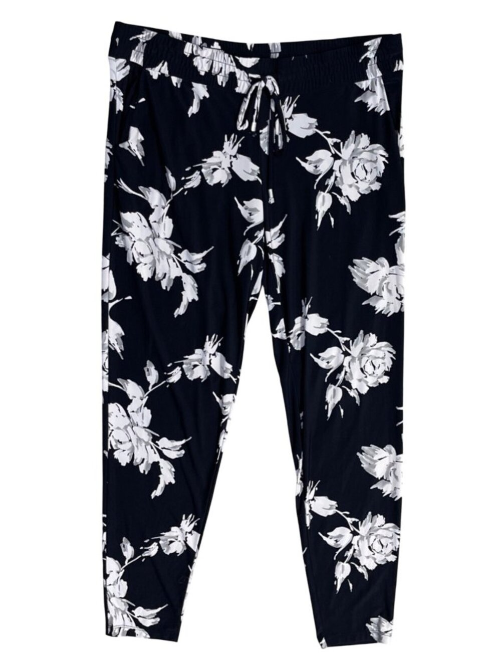 INC Floral Pants Stretch Black White Grey Size M Medium Elastic Waist